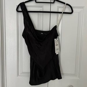 ZARA Satin Cowl-neck Camisole Top with Pearl Strap - Black - S. NWT!!!